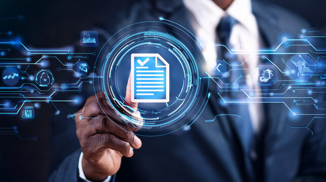 Man in suit touches digital document with verification mark on virtual screen showcasing modern technology