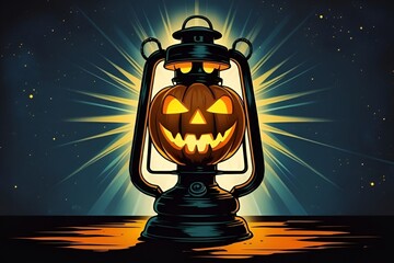 Vintage Halloween Lantern Illustration with Glowing Jack-o'-Lantern Face
