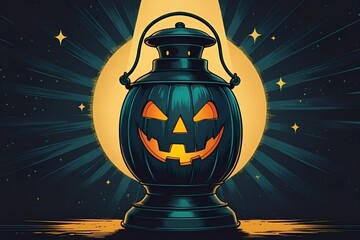 Vintage Halloween Lantern Illustration with Glowing Jack-o'-Lantern Face