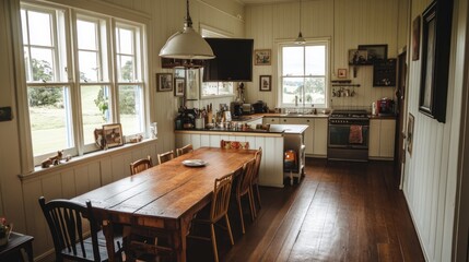 A large, rustic wooden table sits in a light-filled country kitchen.