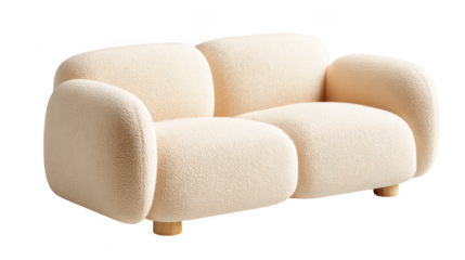 Modern plush cream boucle fabric two seater sofa with rounded arms and wooden legs isolated on transparent background
