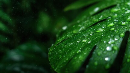 A close-up shot showcasing a vibrant green leaf covered with sparkling water droplets, highlighting the beauty and freshness of nature in a lush environment.