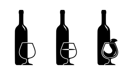Wine glass with bottle, black isolated silhouette