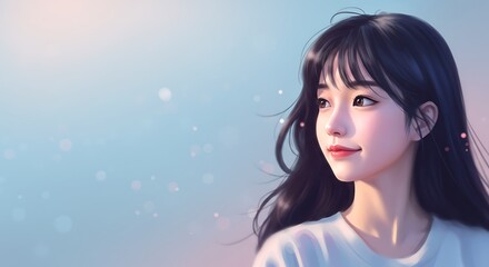 blurred portrait in soft light, dreamy feeling, girl positioned on the right, leaving clear copy space on the left., digital illustration