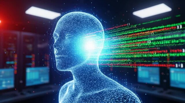 Abstract Digital Humanoid Head with Flowing Binary Code in a Server Room Dark Background Futuristic Technology and Artificial Intelligence Concept - Powered by Adobe