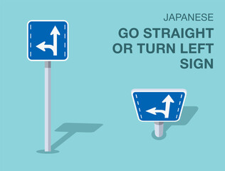 Traffic regulation rules. Isolated japanese "go straight or turn left" road sign. Front and top view. Flat vector illustration template.