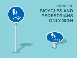 Traffic regulation rules. Isolated japanese "bicycle and pedestrians only" road sign. Front and top view. Flat vector illustration template.