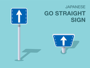 Traffic regulation rules. Isolated japanese "go straight" road sign. Front and top view. Flat vector illustration template.