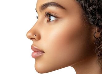 Close-Up Profile of a Young Woman with Beautiful Skin, Curly Hair, and Nose Piercing in a Studio Setting Against a Black Background
