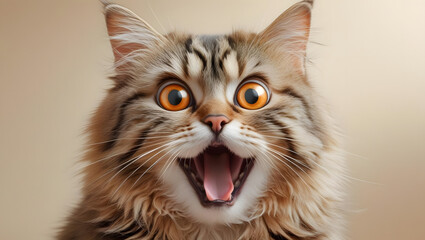 Surprised Cat: A fluffy long-haired tabby cat with wide, surprised orange eyes and an open mouth, showcasing a comical expression of astonishment. 