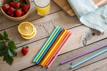 Colorful straws arranged on a wooden table with fresh strawberries, lemons, and a drink nearby