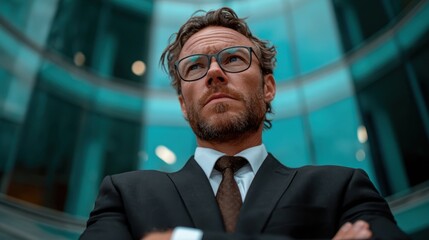 This portrait captures a confident man in a business suit standing in front of a modern glass building, embodying professionalism and determination in a corporate environment.
