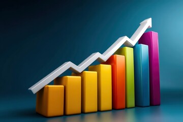 Glossy 3D bar graph ascends overlaid with a white arrow against a gradient blue background