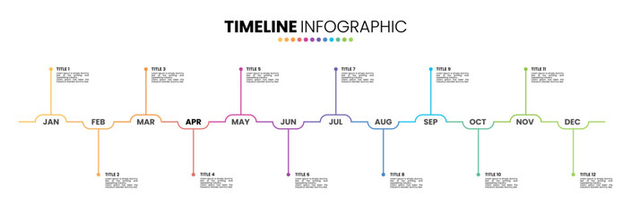 Outline timeline infographic presentation template 12 options. 12 month or 1 year calendar infographic template