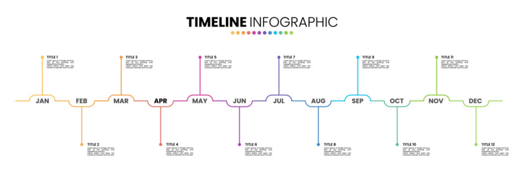 Outline timeline infographic presentation template 12 options. 12 month or 1 year calendar infographic template