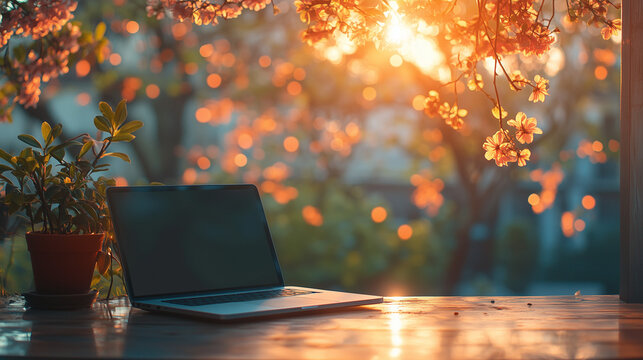 Laptop with blank screen on wooden table with blurred garden background, natural orange bokeh and sunlight in the morning. - Powered by Adobe