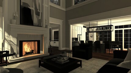 Open concept living room and kitchen design with fireplace.