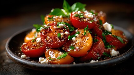 An appetizing dish of vibrant roasted tomatoes garnished with herbs and cheese beckons with flavor. This beautifully plated salad exemplifies culinary creativity and healthy eating.