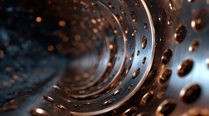 An abstract image of intricately designed metal pipes creating a dynamic, spiraling tunnel effect, capturing the beauty of industrial design and the play of light and shadows.