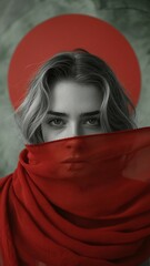 Naklejka premium Mysterious close-up of a girls' eyes with vibrant red scarf contrast 