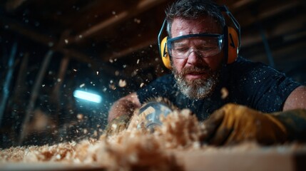 In a workshop, a dedicated man is seen actively creating wooden crafts, surrounded by flying wood shavings, demonstrating craftsmanship while wearing essential safety gear for his craft.