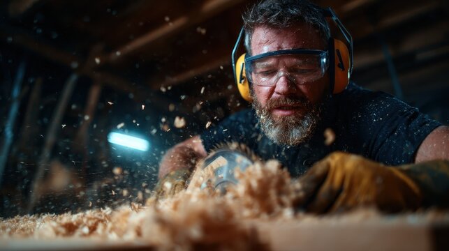 In a workshop, a dedicated man is seen actively creating wooden crafts, surrounded by flying wood shavings, demonstrating craftsmanship while wearing essential safety gear for his craft.