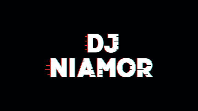 DJ NIAMOR logo design set featuring bold glitch-style and elegant script typography, ideal for music branding, entertainment promotions, DJ visuals, and creative events