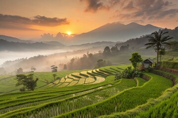 Naklejka premium Lush green rice terraces under a vibrant sunrise with mountains and mist in the background landscape view