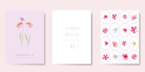 Elegant wedding invitation card vector. Minimal hand painted watercolor rose and wildflowers texture template background. Design illustration for wedding, vip cover, poster, rsvp modern card.