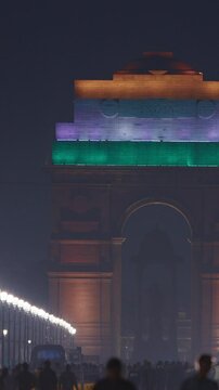 New Delhi, India. Time Lapse, Timelapse, Time-lapse View On India Gate Or All India War Memorial In Evening Time. Statue Of Subhas Chandra Bose Or Netajis Statue On Background. National Hero