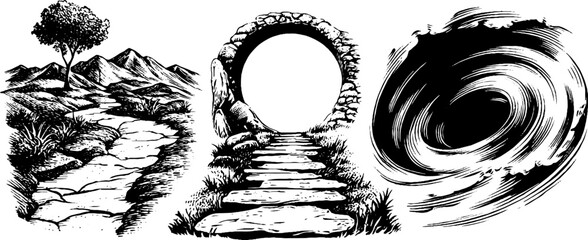 Mystical labyrinth paths and abstract keyhole illustrations for conceptual design