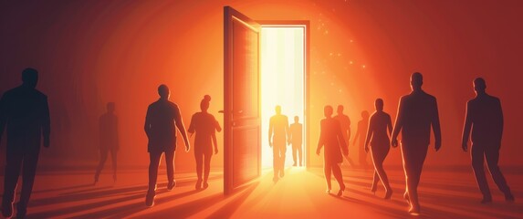 Fototapeta premium Flat design diverse silhouettes walking towards light through an open door opportunity inclusion 19:8.