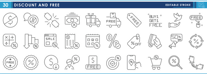 A set of line icons related to Free and Discount. Free, discount, cost, priceless, delivery, calculation, sale, market, freedom, and so on. Vector editable stroke.