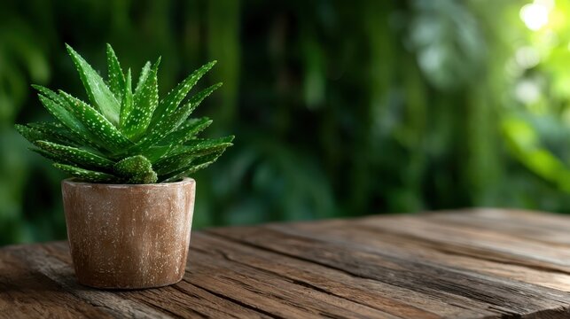 A vibrant potted aloe vera plant placed on a rustic wooden table, surrounded by a natural green backdrop, emphasizing freshness and the beauty of indoor plants in decor.
