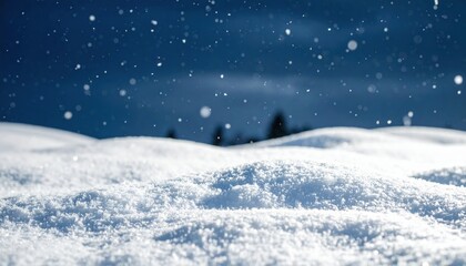 Naklejka premium Snowy Landscape Under Night Sky with Falling Snow