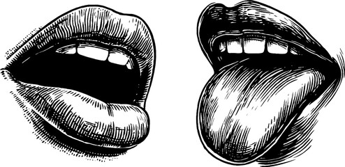 Vintage lip outline and tongue illustration for design and art projects
