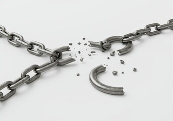Obraz premium A close up of a broken metal chain with fragments on a white background in a studio setting image