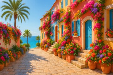 Naklejka premium Colorful mediterranean village with bougainvillea flowers overlooking the sea