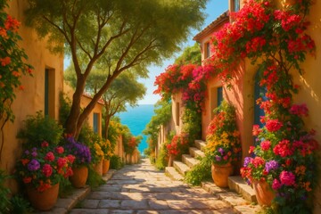 Obraz premium Picturesque alley with colorful flowers leading to the Mediterranean Sea