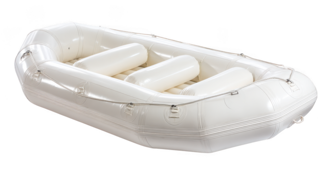 White inflatable raft with multiple air chambers and ropes for water sports and recreation isolated on transparent background