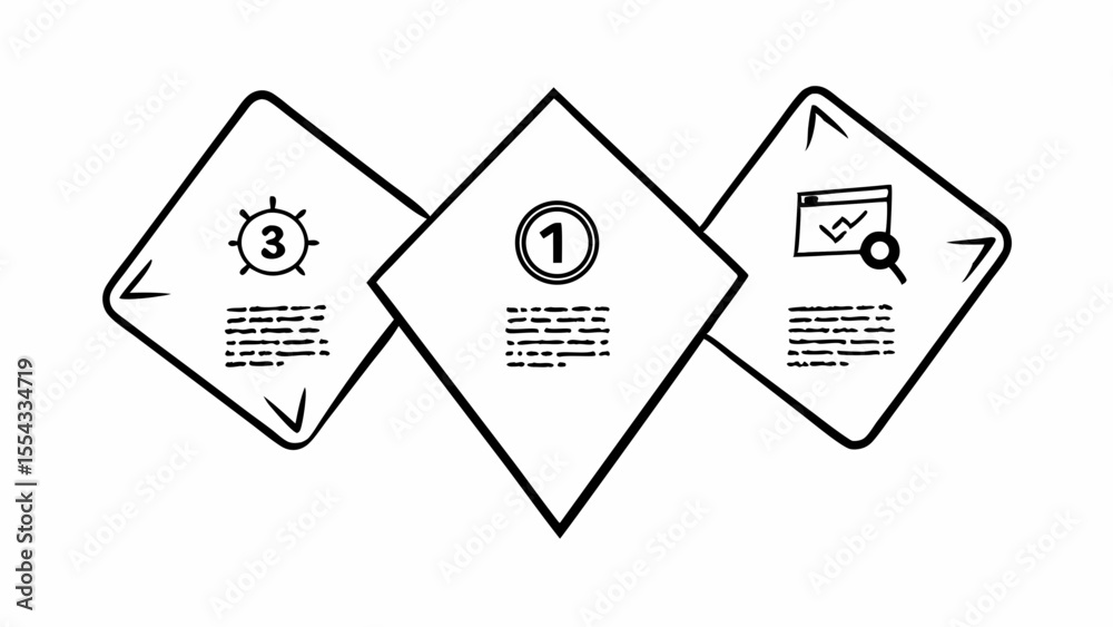 Aufkleber three diamond shapes with icons representing steps one three and analysis in a flowchart design conc