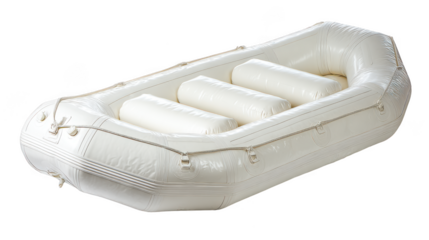 White inflatable raft with three internal cushions and rope handles isolated on transparent background