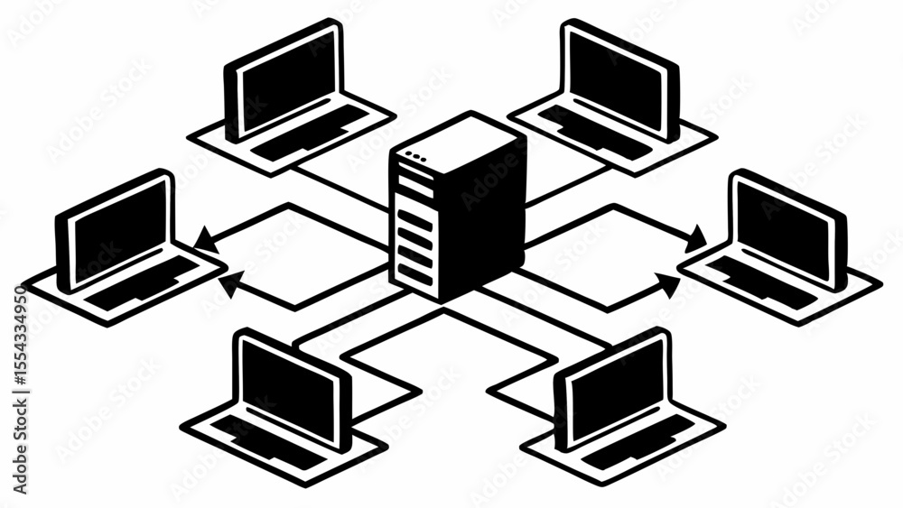 Poster network diagram showing a server connected to multiple laptops with arrow connections created with g