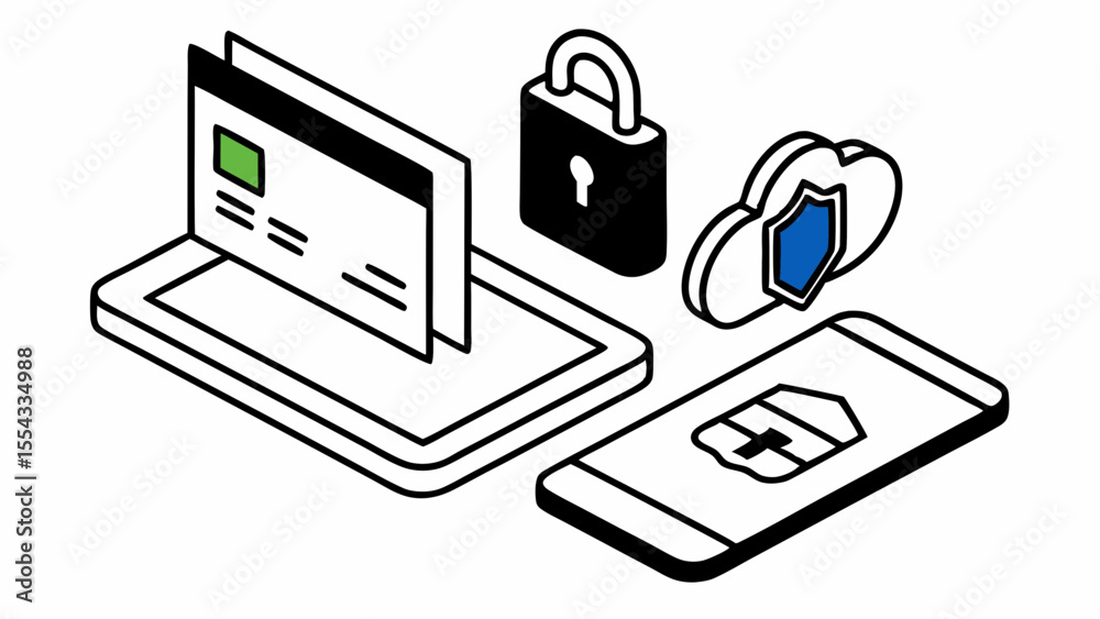 Poster isometric view of digital devices with security features and cloud protection shown clearly in the i