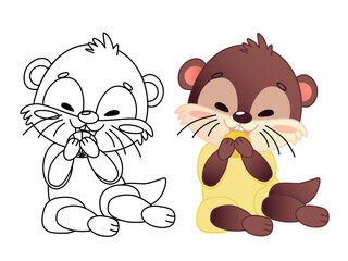 Cute cartoon character otter, one in outline and one in color, sitting and smiling, holding a seashell in his paws. The otter has a brown body and a yellow costume. Vector illustration