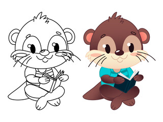 A cute cartoon character otter, one in outline and one in color, sits cross-legged reading a small book. The otter has a brown body and is wearing a blue shirt. Vector illustration