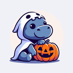 Fototapeta premium baby hippo wear ghost costume and sitting on jack o pumpkin. Halloween Witch Bat Spooky Scary Clipart Line Art Vector Illustration. Infant river horse in spectral attire atop carved gourd.