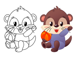 Cute cartoon character otter, one in outline and one in color, sits holding an orange beach ball. The otter has a brown body and a purple costume. Vector illustration