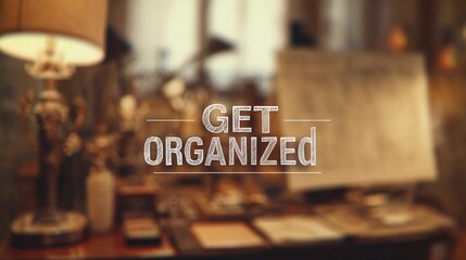 Encouraging text "Get Organized" overlaying a soft-focus office space, used for promoting time management and workflow tips.