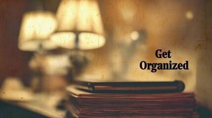 Encouraging text "Get Organized" overlaying a soft-focus office space, used for promoting time management and workflow tips.